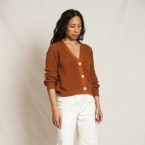 ANNA Organic Cotton Cardigan Ocre Medium Handmade hand knit L'Envers